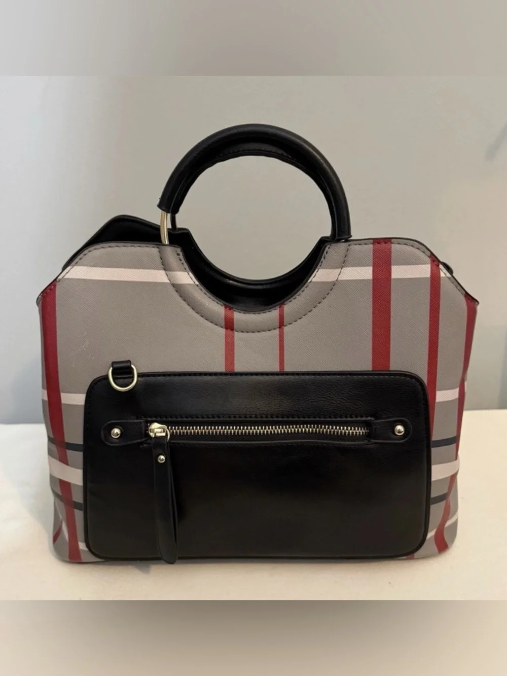 Black & Red Plaid Satchel Crossbody Bag Coated Canvas Faux Leather Trim